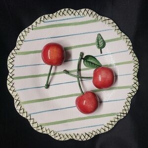 MWW Market Ceramic Fruit Design Plate, Cherries With Blue and Green Stripes